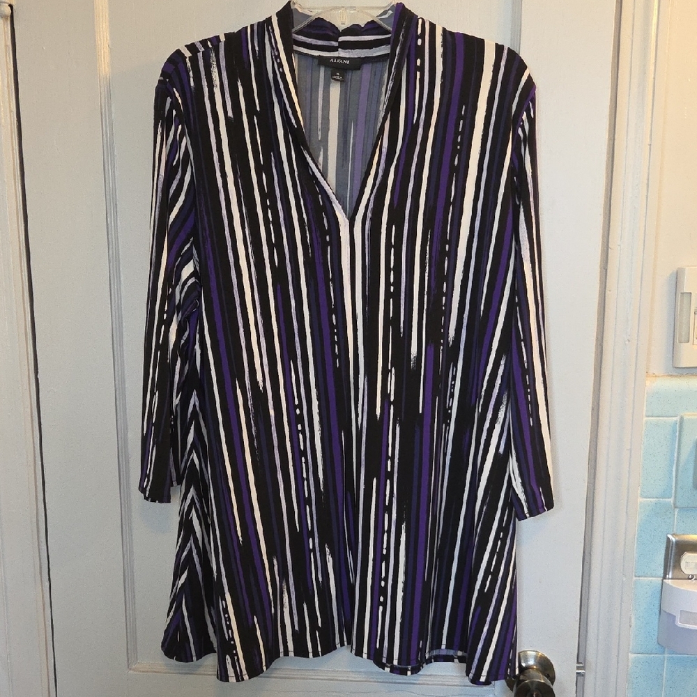 Alfani Black and Purple Striped Tunic Blouse XL